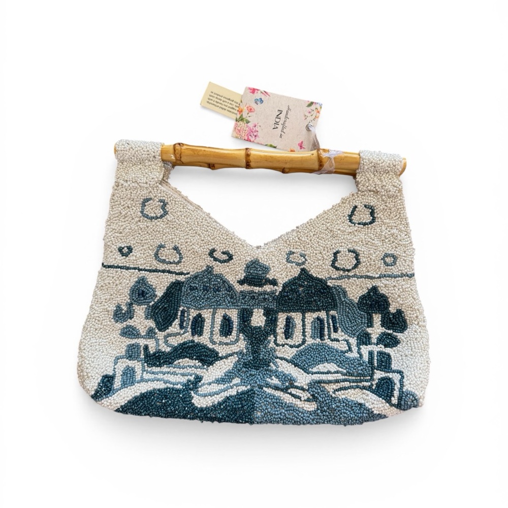 Beaded Greek Village Scene Handbag with Bamboo Handle - Cream & Teal